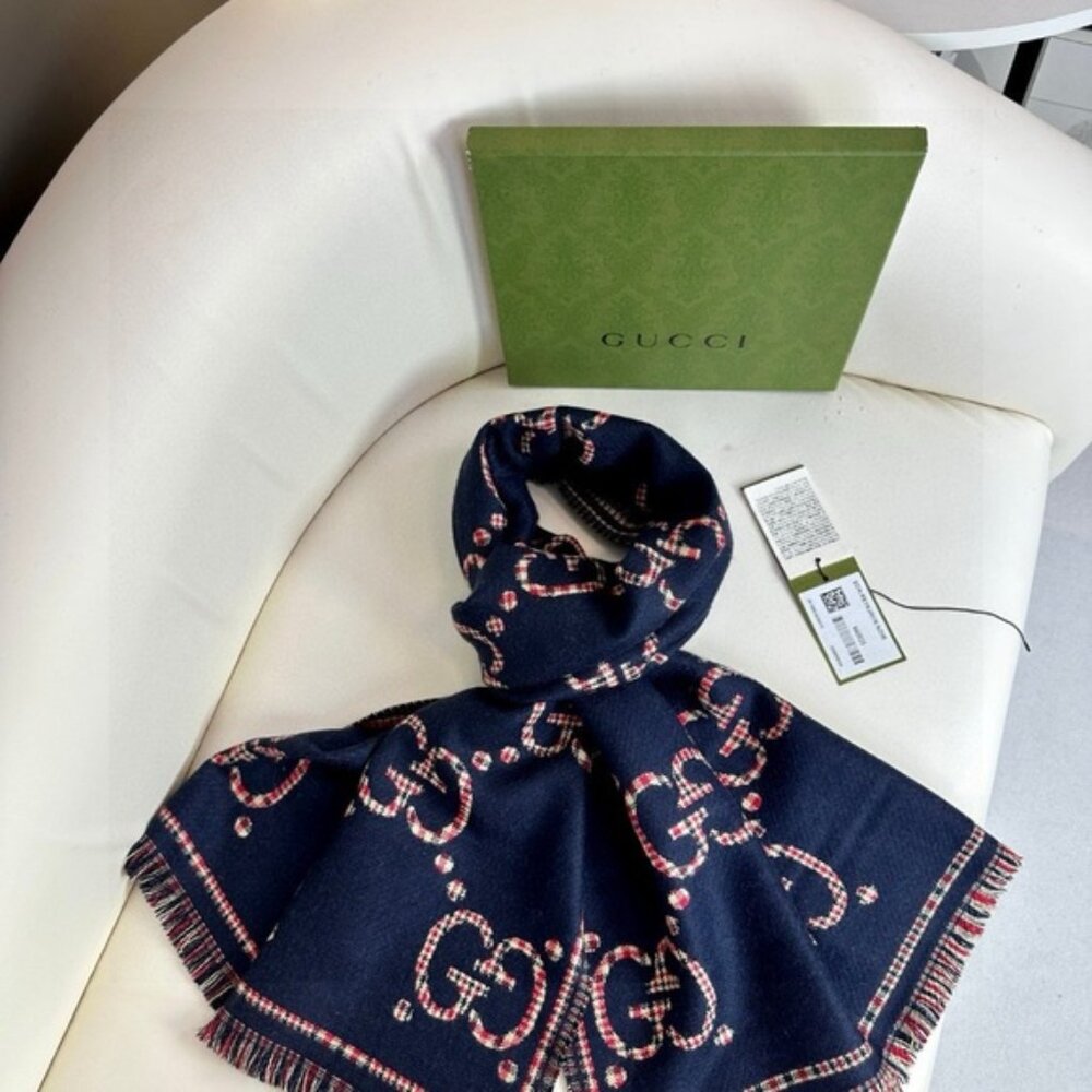 Gucci Dark Blue Scarf with Red and White Details